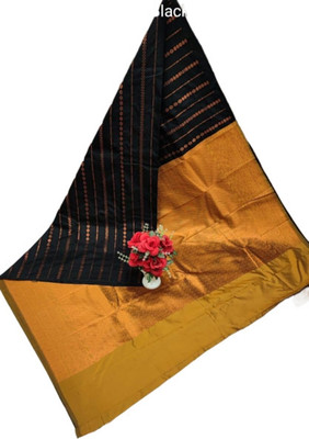 iyswariyam Self Design, Striped Kanjivaram Silk Blend Saree(Black)