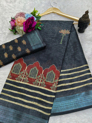 HangerStories Printed, Floral Print Kanjivaram Linen, Cotton Linen Saree(Black)