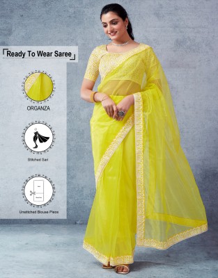 Satrani Embroidered, Embellished Bollywood Organza Saree(Yellow, White)