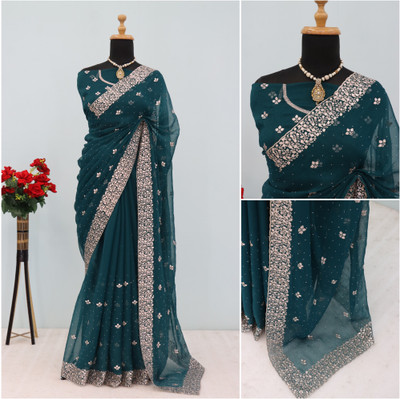 priyanka jayani Embroidered Bollywood Organza Saree(Dark Green)