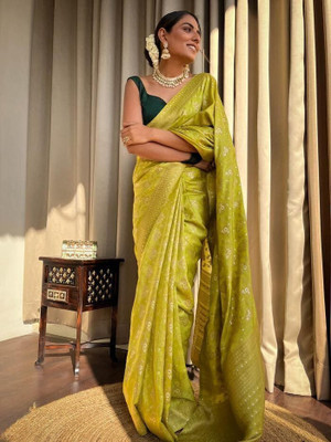 Prutha Fashions Woven, Floral Print, Self Design Kanjivaram Cotton Silk, Art Silk Saree(Yellow)