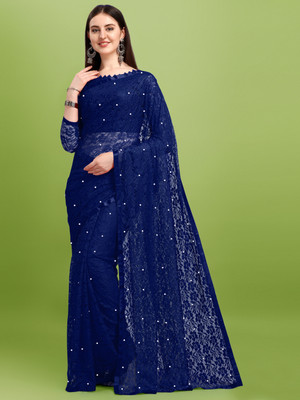LOROFY Self Design Bollywood Net Saree(Dark Blue)