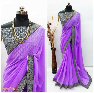 radheradhesales Embroidered Daily Wear Silk Blend Saree(Purple)