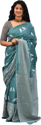 Kiaaron Printed Bollywood Pure Cotton Saree(Light Blue)