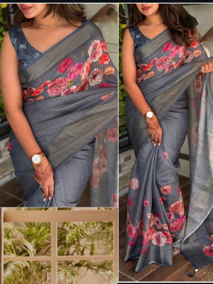 nirave fashion Floral Print Bollywood Silk Blend Saree(Grey)