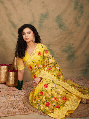 Divastri Embroidered Chanderi Net Saree(Yellow)
