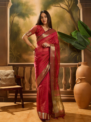 Sangria Embellished Saree with Attached Blouse Organza Saree(Pink)