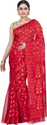 PIYARI Self Design Jamdani Cotton Blend Saree(Red)