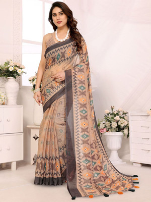 Moda Rapido Printed Bollywood Linen Saree(Beige)
