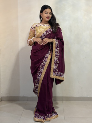 Dpfashion Embroidered, Floral Print, Embellished Bollywood Art Silk Saree(Purple)