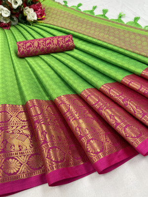 MM VENTURE Woven Dharmavaram Cotton Silk Saree(Beige)