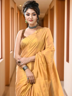 Desh Bidesh Woven Bollywood Chiffon, Georgette Saree(Yellow)
