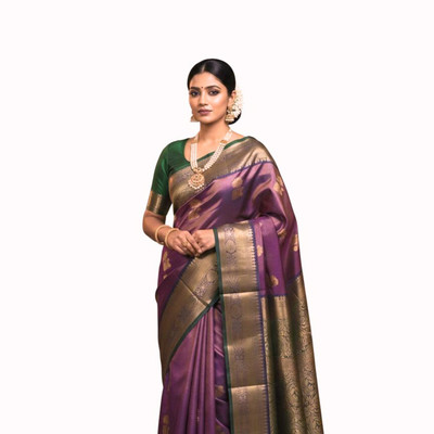 TPS MART Printed, Self Design Kanjivaram Pure Silk Saree(Purple)