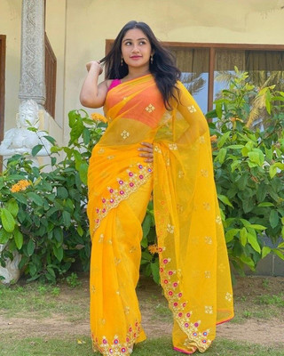 Naaari Embroidered, Embellished Bollywood Net Saree(Yellow, Pink)