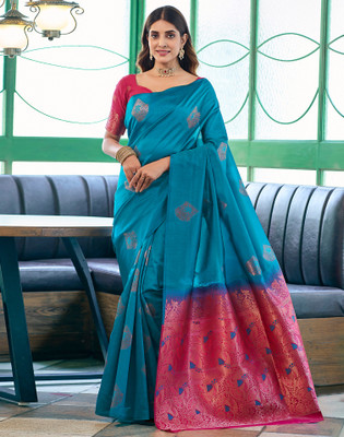Satrani Woven, Embellished, Self Design Bollywood Silk Blend, Jacquard Saree(Blue, Pink)