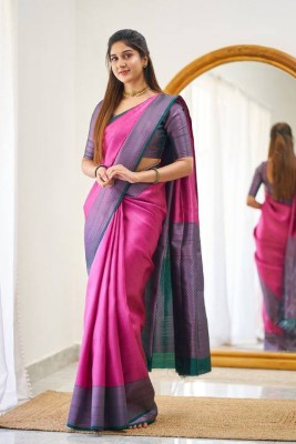 KRIYANSH Woven, Printed, Self Design, Temple Border, Applique, Striped Banarasi Jacquard, Cotton Silk Saree(Pink)