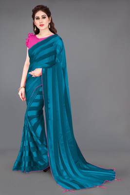 MIRCHI FASHION Striped, Solid/Plain Bollywood Georgette Saree(Light Blue)