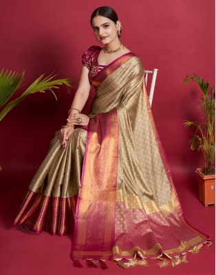 Satrani Woven, Embellished, Self Design Bollywood Jacquard, Pure Silk Saree(Beige, Pink, Gold)