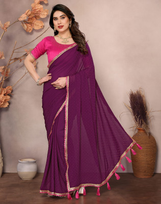Divastri Solid/Plain Bollywood Georgette, Lace Saree(Purple)