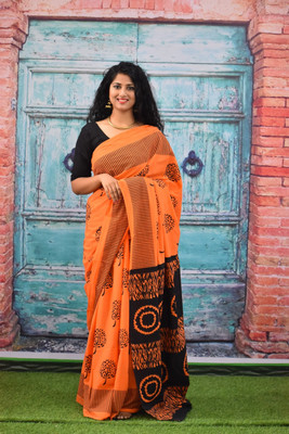 Tropwear Printed Ikkat Pure Cotton Saree(Orange)