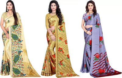 Leelavati Printed Daily Wear Crepe Saree(Pack of 3, Multicolor)
