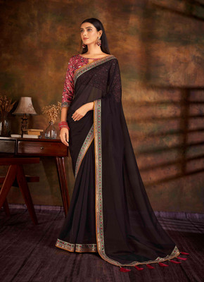 ArronCreats Solid/Plain, Striped Bollywood Organza Saree(Black)