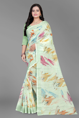 SJY Printed Bollywood Linen Saree(Cream)
