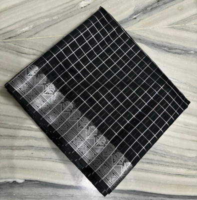 Z A FABRICS Checkered Chanderi Cotton Blend Saree(Black)