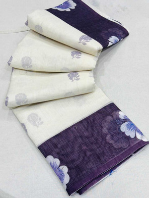 SDGRATITUDE Printed, Floral Print, Digital Print Daily Wear Cotton Linen, Linen Saree(White, Purple)