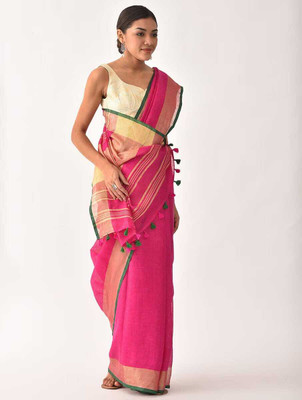 Hatha Karagha Solid/Plain Bhagalpuri Cotton Linen Saree(Pink)