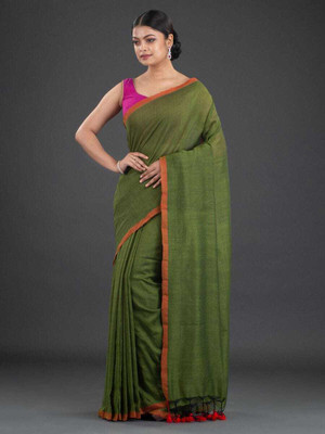 Dadavai Store Solid/Plain Handloom Pure Cotton Saree(Dark Green, Red)