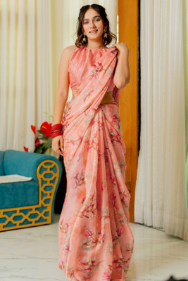 MIRCHI FASHION Printed, Floral Print Daily Wear Chiffon, Georgette Saree(Orange, Pink)