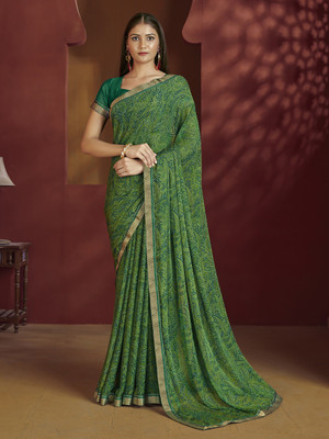 Divastri Floral Print, Geometric Print, Digital Print, Printed Bollywood Chiffon Saree(Green)