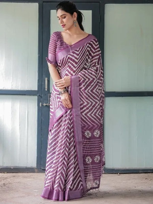 Kshetrapal sarees Geometric Print, Floral Print, Printed, Woven Bollywood Cotton Linen Saree(Purple)