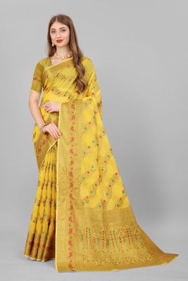 SWDHRM Printed, Self Design, Woven, Floral Print Banarasi Jacquard, Cotton Silk Saree(Yellow)