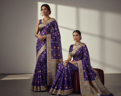 Shanwaz Ahmad Embellished, Self Design Banarasi Chiffon, Pure Silk Saree(Dark Blue)