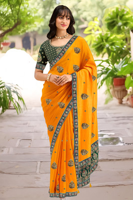 Anjani Textile Embroidered Bollywood Georgette Saree(Yellow)