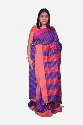 LDma Self Design, Woven Tant Handloom Pure Cotton Saree(Blue, Orange)