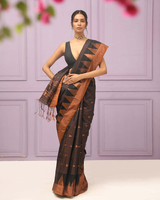 Indethnic Woven Jamdani Cotton Blend Saree(Black)