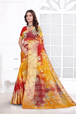 Aarunika SKT Solid/Plain Bollywood Organza Saree(Red, Yellow)