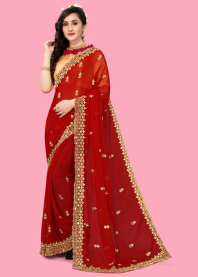 Semizoxis Embellished Bollywood Silk Blend Saree(Red)