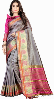 M.S.RETAIL Striped, Woven Kanjivaram Dupion Silk Saree(Pink, Grey)