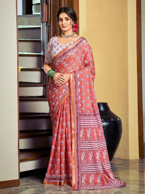 all about you Printed Daily Wear Silk Blend Saree(Orange)