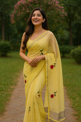 aamya fashion Embroidered, Floral Print Handloom Cotton Linen Saree(Yellow)