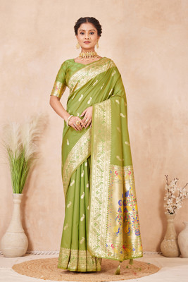 Heirlooms Woven Paithani Pure Silk Saree(Green)
