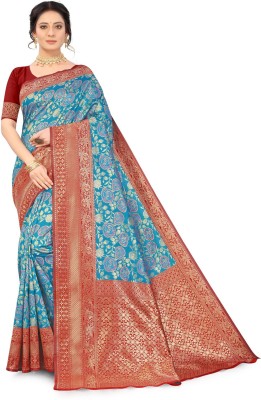 PEACOCK FASHION Woven, Self Design Banarasi Cotton Blend Saree(Light Blue)