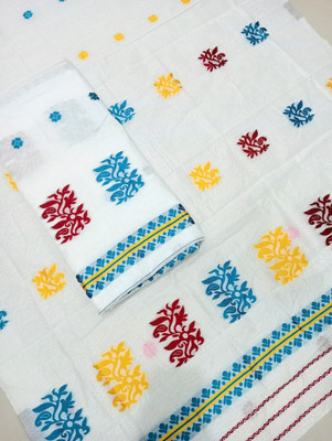 Cashing Fashion Woven Mekhela Chador Cotton Silk Saree(White)