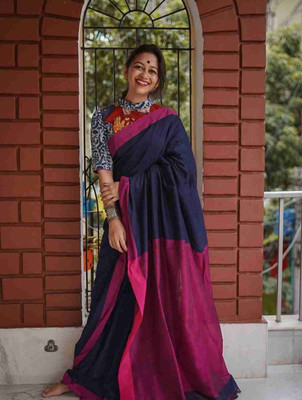 saree star Color Block Handloom Cotton Blend Saree(Dark Blue)