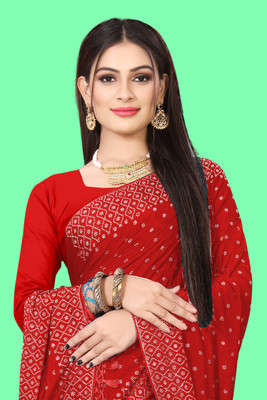 rudraCreation Applique, Solid/Plain Madhubani Chanderi, Art Silk Saree(Red)