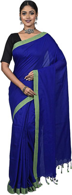 HouseOfCommon Solid/Plain Tant Handloom Pure Cotton Saree(Blue)